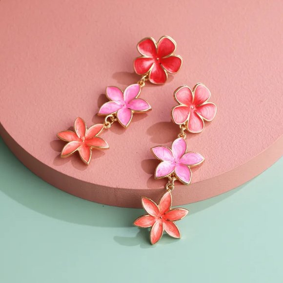 Three Tier Pink Floral Flower Drip Oil Enamel Drop Earrings NEW - Picture 8 of 8